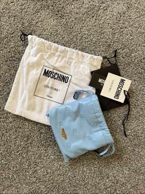 Moschino Pale Blue Leather Drawstring Pouch with Gold Chain
